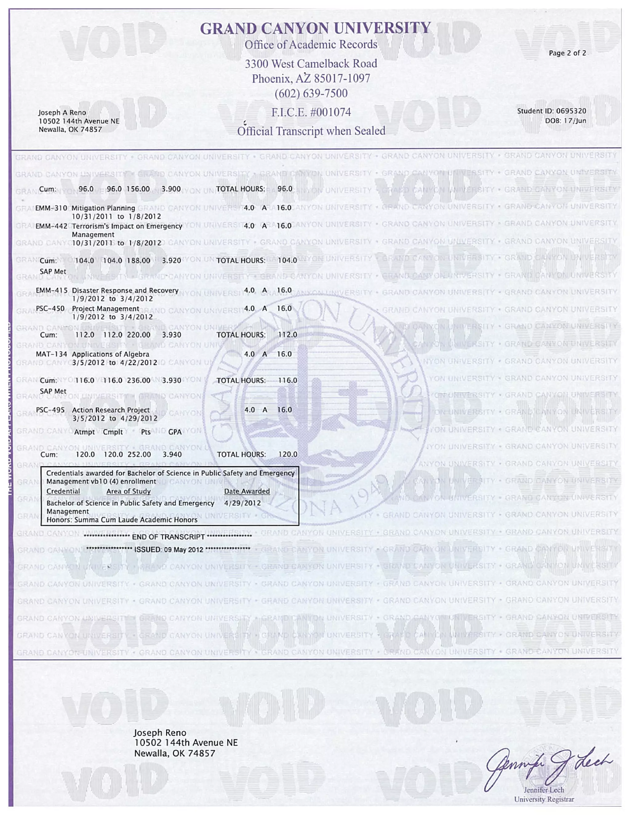 GCU Transcripts - Joseph Reno | PDF