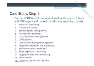 ▫ Previous ERP modules were reviewed by the research team
and ERP expert and revised into thirteen modules, namely:
1. Sales and Marketing.
2. Human Resources.
3. Tendering/bid management.
4. Resource management.
5. Data/document management.
6. Collaboration.
7. Contract and Change management.
8. Project management and Budgeting.
9. Subcontractor management.
10. Time, expenses & invoicing.
11. Project Finance and accounting.
12. Procurement.
13. Inventory control and logistics.
Case Study, Step 1
By Mohammad Rabay'ah
ByM
oham
m
ad
Rabay'ah
 