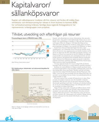 Kapitalvaror/
sällanköpsvaror
Kapital- och sällanköpsvaror, såsom diskmaskiner eller personbi-
lar, påverkas i hög grad av materialkostnader. Denna typ av varor
består i stor utsträckning av metaller, av vilka stål, järn, aluminium
och koppar tillhör de viktigaste. Och ökad efterfrågan på me-
taller det senaste decenniet har resulterat i högre priser och större
prissvängningar än tidigare, visar statistik från McKinsey (se figur).
Främst beror detta på ökad efterfrågan från Kina, anger
Världsbanken i sin Commodity Prices Forecast för oktober 2014.
Detta till trots tror inte organisationen att metaller kommer att bli
dyrare än idag fram till 2025. Inte heller Europeiska unionen, i sin
Report on Critical raw materials for the EU, bedömer att tillgång-
en på metaller som aluminium, järn och koppar kommer att vara
kritisk framöver (till skillnad från så kallade sällsynta jordartsme-
taller). Däremot kan fluktuationer uppstå på grund av säkerhets-
politiska situationer, epidemier eller handelspolitiska blockeringar,
vilket motiverar ökad resurshushållning.
I Sverige utgör kostnaden för råvaror enligt SCB och Teknik-
företagen cirka 50 procent av svensk industris samlade kostnader.23
Kunskap om materialflöden är viktigt att skaffa sig bland annat
ur konkurrensperspektiv inom branschen. Välfungerande system för
återvinning finns inom vissa flöden. Metaller som stål och alumi-
nium återvinns enligt TCO Development till hela 90 procent. Stål
bildar i stort sett ett slutet kretslopp, där det förfinas hela tiden och
används i nya produkter. En stor orsak är att andrahandsvärdet på
många metaller är högt.
Ett annat material som används till kapitalvaror är plast. Plast
är dock ett komplext material, som ofta innehåller oönskade
kemikalier, vilket gör det svårt att återvinna. Dessutom får plast
försämrade egenskaper med tiden. Forskning och teknikutveckling
för att få rena materialflödesströmmar och välfungerande system
för insamling är troligen behövligt.24
Några företag satsar ändå strategiskt på hållbara plaster. 2020
ska 100 procent av all plast som används i Ikeas heminrednings-
produkter vara återvunnen eller tillverkad av förnybara råvaror
(idag är siffran fem procent).25
Även Electrolux satsar på återvun-
nen plast, framför allt i dammsugare och strykjärn. Många företag
försöker också gå över från plaster tillverkade av fossila oljor
till bioplaster.
Kapital- och sällanköpsvaror innefattar allt från vitvaror och fordon till möbler.Även
ventilations- och klimatutrustning har räknats in. Inom business to business (B2B)
har verkstadsutrustning inräknats. Samtliga dessa ingående företagssektorer har
representerats i arbetsgruppen inom projektet.
Tillväxt, utveckling och efterfrågan på resurser
Källa: McKinsey Global Institute analysis.9
Prisutveckling på råvaror (1990-2014; basår 1990)
EU:s bedömning av utbudsrisker och ekonomisk betydelse för
olika råvaror
Källa: EU.22
Metaller till vilka tillgången bedömts som kritisk återfinns inom den vita
rutan uppe till höger.
22
Koppar
0
100
200
300
400
131109070503019997959391
Cu
Aluminium
Al
Stål
Fe
Utbudsrisk
Ekonomisk betydelse
Baryter
Diatomit
Massaved
Skandium
Renium
Tunga sällsynta jordartsmetaller
Lätta sällsynta jordartsmetaller
Magnesium
Germanium
Niob Antimon
Naturlig grafit
Magnesit
Volfram
Kokskol
Krom
Borat
Fosfatmineral
Beryllium
Kiselmetall
Platinametaller
Flusspat
Kobolt
Gallium
Indium
Guld
Perlit
Sågat barrträ
Talk
Titanium
Kiseldioxidsand
Kalksten
TellurLeror
Bentonit
Silver
Fältspat
Litium Molybden Tenn
Selen
Tantal
Naturgummi
Mangan
Hafnium
Bauxit
Zink
Pottaska
Vanadin
Gips
Koppar
Aluminium
Järn
 