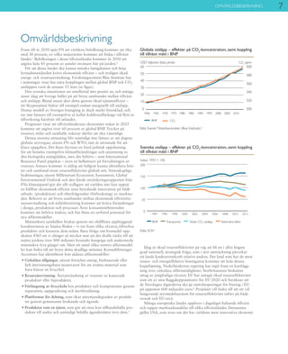 7OMVÄRLDSBESKRIVNING
Fram till år 2050 spår FN att världens befolkning kommer att öka
med 30 procent, av vilka majoriteten kommer att födas i tillväxt-
länder.1
Befolkningen i dessa tillväxtländer kommer år 2050 att
utgöra hela 85 procent av antalet invånare här på jorden.2
För att dessa länder ska kunna minska fattigdomen och höja
levnadsstandarden krävs ekonomisk tillväxt – och troligen ökad
energi- och resursanvändning. Forskningscentret Blue Institute har
i mätningar visat hur nära kopplingen mellan global BNP och CO2
-
utsläppen varit de senaste 55 åren (se figur).
Den svenska situationen ser emellertid mer positiv ut, och många
anser idag att Sverige håller på att bryta sambandet mellan tillväxt
och utsläpp. Bland annat sker detta genom ökad tjänstetillväxt –
ett Skypesamtal bidrar till exempel endast marginellt till utsläpp.
Denna modell av Sveriges framgång är dock starkt förenklad, och
tar inte hänsyn till exempelvis så kallat koldioxidläckage vid flytt av
tillverkning härifrån till utlandet.
Prognoser visar att tillväxtländernas ekonomier redan år 2025
kommer att utgöra över 60 procent av global BNP. Trycket på
resurser, miljö och samhälle riskerar därför att öka väsentligt.
Denna enorma utmaning blir samtidigt inte lättare av att dagens
globala styrorgan, såsom FN och WTO, inte är utrustade för att
klara uppgiften. Det finns förvisso en bred politisk uppslutning
för att bemöta exempelvis klimatförändringar och utarmning av
den biologiska mångfalden, men det behövs – som International
Resource Panel påpekar – även en helhetssyn på förvaltningen av
resurser. Annars kommer vi aldrig att fullgott kunna identifiera bris-
ter och samband inom resurseffektivitet globalt sett. Vetenskapliga
bedömningar, såsom Millennium Ecosystem Assessment, Global
Environmental Outlook och den fjärde utvärderingsrapporten från
FNs klimatpanel gör det allt tydligare att världen inte kan uppnå
en hållbar ekonomisk tillväxt utan betydande innovation på både
utbuds- (produktion) och efterfrågesidan (förbrukning) av markna-
den. Behovet av att bryta sambandet mellan ekonomisk tillväxt/re-
sursanvändning och miljöförstöring kommer att kräva förändringar
i design, produktion och processer. Även konsumentbeteenden
kommer att behöva ändras, och här finns en oerhörd potential för
nya affärsmodeller.
Människors samhällen brukar genom sin ohållbara uppbyggnad
karakteriseras av linjära flöden – vi tar fram olika råvaror, tillverkar
produkter och kasserar dem sedan. Bara ifråga om livsmedel upp-
skattar FAO att vi slänger så mycket mat att det skulle räcka till att
mätta jordens över 800 miljoner kroniskt hungriga och undernärda
människor fyra gånger om. Men ett antal olika sorters affärsmodel-
ler kan bidra till att bryta detta skadliga mönster. Konsultföretaget
Accenture har identifierat fem sådana affärsmodeller:
• Cirkulära tillgångar, såsom förnybar energi, biobaserade eller
helt återvinningsbara insatsvaror för att ersätta material som
bara klarar en livscykel.
• Resursåtervinning: Återanvändning av resurser ur kasserade
produkter eller biprodukter.
• Förlängning av livscykeln hos produkter och komponenter genom
reparation, uppgradering och återförsäljning.
• Plattformar för delning, som ökar utnyttjandegraden av produk-
ter genom gemensamt brukande och ägande.
• Produkten som en tjänst, som gör att man kan tillhandahålla pro-
dukter till andra och samtidigt behålla äganderätten över dem.3
Omvärldsbeskrivning
Globala utsläpp – effekter på CO2
-koncentration, samt koppling
till tillväxt mätt i BNP
Källa: SvenskTillväxtbarometer (Blue Institute).4
400
380
360
340
320
300
60
USD biljoner, fasta priser
50
40
30
20
10
0
1960 1965 1970 1975 1980 1985 1990 1995 2000 2005 2010
BNP CO2
CO2
ppm,
Källa: SCB.5
Svenska utsläpp – effekter på CO2
-koncentration, samt koppling
till tillväxt mätt i BNP
BNP Transporter Totala CO2
-utsläpp Stationära källor
0
50
100
150
200
2012201020082006200420022000199819961994
Index: 1993 = 100
Idag är ökad resurseffektivitet på väg att bli en i allra högsta
grad nationell, strategisk fråga, som i stor utsträckning påverkar
ett lands konkurrenskraft relativt andras. Det land som har de mest
resurs- och energieffektiva lösningarna kommer att leda denna
kapplöpning. Nederländernas regering har tagit fram en kartlägg-
ning över cirkulära affärsmöjligheter. Storbritannien beskattar
uttag av jungfruliga råvaror. EU har antagit ökad resurseffektivitet
som ett av sina flaggskeppsinitiativ för EU 2020 och beräknar att
de föreslagna åtgärderna ska ge nettobesparingar för företag i EU
på uppemot 600 miljarder euro.6
Projektet vill bidra till att ett väl
fungerande styrmedelssystem för resurseffektivitet införs på både
svensk och EU-nivå.
Många europeiska länder upplever i dagsläget haltande tillväxt
och tappar marknadsandelar till olika tillväxtländer. Detsamma
gäller USA, som även om det har världens mest innovativa ekonomi
 