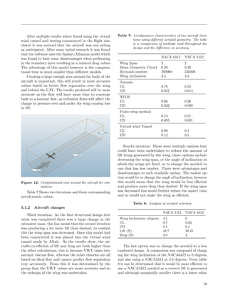 After multiple results where found using the virtual
wind tunnel and testing commenced in the ﬂight sim-
ulator it was noticed that the aircraft was not acting
as anticipated. After some initial research it was found
that the software uses the Spalart-Allmaras model which
was found to have some disadvantages when performing
in the boundary layer resulting in a reduced drag values.
The advantage of this model however is the computa-
tional time is much smaller than diﬀerent models.
Creating a large enough area around the body of the
aircraft is important, this will result in more accurate
values based on better ﬂow separation over the wing
and behind the UAV. The results produced will be more
accurate as the ﬂow will have more time to converge
back to a laminar ﬂow, as turbulent ﬂows will aﬀect the
change in pressure over and under the wing causing loss
in lift.
Figure 12: Computational area around the aircraft for sim-
ulations
Table 7 Shows two iterations and there corresponding
aerodynamic values.
5.1.2 Aircraft changes
Third iteration: As the ﬁrst structural design iter-
ation was completed there was a large change in the
estimated mass, this has meant that the second iteration
was producing a lot more lift than desired, to combat
this the wing span was decreased. Once this model had
been constructed it was placed into the virtual wind
tunnel made by Altair. As the results show, the air-
crafts co-eﬃcient of lift and drag are both higher than
the other calculations, this is because VWT takes into
account viscous ﬂow, whereas the other theories are all
based on ideal ﬂow and cannot predict ﬂow separation
very accurately. From this it was determined by the
group that the VWT values are more accurate and so
the redesign of the wing was undertaken.
Table 7: Aerodynamics characteristics of two aircraft itera-
tions using diﬀerent aerofoil geometry. The table
is a comparison of methods used throughout the
design and the diﬀerence in accuracy.
NACA 6412 NACA 2412
Wing Span 2 2
Mean Geometric Chord 0.29 0.29
Reynolds number 290000 250000
Wing inclination 3.5 4.5
Tornado
CL 0.78 0.55
CD 0.027 0.014
XFLR
CL 0.66 0.36
CD 0.022 0.009
Finite wing method
CL 0.73 0.57
CD 0.055 0.031
Virtual wind Tunnel
CL 0.99 0.7
CD 0.12 0.1
Fourth iteration: There were multiple options that
could have been undertaken to reduce the amount of
lift being generated by the wing, these options include
decreasing the wing span, or the angle of inclination at
which the wings are ﬁxed, or to change the aerofoil to
one that has less camber. There were advantages and
disadvantages to each available option. The easiest op-
tion would be to change the angle of inclination; however
this would mean that the wing would be less eﬃcient
and produce more drag than desired. If the wing span
was decreased this would further reduce the aspect ratio
and so would not make the wing as eﬃcient.
Table 8: Analysis of aerofoil selection
NACA 2412 NACA 6412
Wing Inclination (degree) 4.5 0
CL 0.7 0.63
CD 0.1 0.1
Lift (N) 42.7 38.45
Drag (N) 3.9 4
The last option was to change the aerofoil to a less
cambered design. A comparison was composed of chang-
ing the wing inclination of the NACA6412 to 0 degrees,
and also using a NACA2412 at 4.5 degrees. From table
8 it can be determined that it would be more eﬃcient to
use a NACA2412 aerofoil as a correct lift is generated
and although marginally smaller there is a lower value
18
 