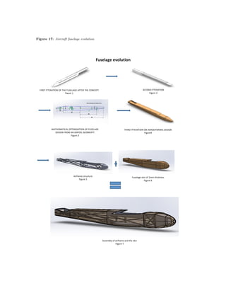  
Fuselage	
  evolution	
  
	
  	
  	
  	
  	
  	
  	
  	
  	
  	
  	
  	
  	
  	
  	
  	
  	
  	
  	
  	
  	
  	
  	
  	
  	
  	
  	
  	
  	
  	
  	
  	
  	
  	
  	
  	
  	
  	
  	
  	
  	
  	
  	
  	
  	
  	
  	
  	
  	
  	
  	
  	
  	
  	
  	
  	
  	
   	
  
	
  
	
  	
  	
  	
   	
  	
  	
  	
  	
  	
  	
  	
  	
  	
  	
  	
  	
  	
  	
  	
  	
  	
  	
  	
  	
  	
  	
  	
   	
  
	
  
	
  
	
  
	
  	
  	
  	
  	
   	
  	
  	
  	
  	
  	
  	
  	
  	
   	
  
	
  
	
  
	
  	
  	
  	
  	
  	
  	
  	
  	
  	
  	
  	
  	
  	
  	
  	
  	
  	
  	
  	
  	
  	
  	
  	
  	
  	
  	
  	
  
	
  
FIRST	
  ITTERATION	
  OF	
  THE	
  FUSELAGE	
  AFTER	
  THE	
  CONCEPT	
  
Figure	
  1
SECOND	
  ITTERATION	
  
Figure	
  2
MATHEMATICAL	
  OPTIMISATION	
  OF	
  FUSELAGE	
  
DESIGN	
  FROM	
  AN	
  AIRFOIL	
  GEOMERTY	
  
Figure	
  3
THIRD	
  ITTERATION	
  ON	
  AERODYNAMIC	
  DESIGN	
  
Figure4	
  
Airframe	
  structure	
  
Figure	
  5
Fuselage	
  skin	
  of	
  2mm	
  thickness	
  
Figure	
  6
Assembly	
  of	
  airframe	
  and	
  the	
  skin	
  
Figure	
  7	
  
Figure 17: Aircraft fuselage evolution
 