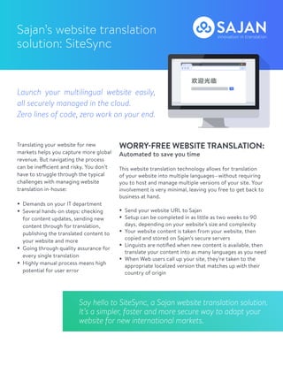 Sajan’s website translation
solution: SiteSync
Launch your multilingual website easily,
all securely managed in the cloud.
Zero lines of code, zero work on your end.
Translating your website for new
markets helps you capture more global
revenue. But navigating the process
can be inefficient and risky. You don’t
have to struggle through the typical
challenges with managing website
translation in-house:
• Demands on your IT department
• Several hands-on steps: checking
for content updates, sending new
content through for translation,
publishing the translated content to
your website and more
• Going through quality assurance for
every single translation
• Highly manual process means high
potential for user error
WORRY-FREE WEBSITE TRANSLATION:
Automated to save you time
This website translation technology allows for translation
of your website into multiple languages—without requiring
you to host and manage multiple versions of your site. Your
involvement is very minimal, leaving you free to get back to
business at hand.
• Send your website URL to Sajan
• Setup can be completed in as little as two weeks to 90
days, depending on your website’s size and complexity
• Your website content is taken from your website, then
copied and stored on Sajan’s secure servers
• Linguists are notiﬁed when new content is available, then
translate your content into as many languages as you need
• When Web users call up your site, they’re taken to the
appropriate localized version that matches up with their
country of origin
Say hello to SiteSync, a Sajan website translation solution.
It’s a simpler, faster and more secure way to adapt your
website for new international markets.
 