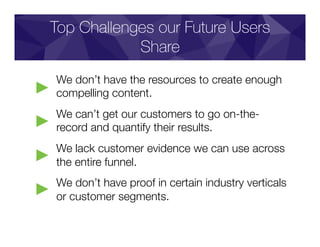 Top Challenges our Future Users
Share
We don’t have the resources to create enough
compelling content.
We can’t get our customers to go on-the-
record and quantify their results.
We lack customer evidence we can use across
the entire funnel.
We don’t have proof in certain industry verticals
or customer segments.
 
