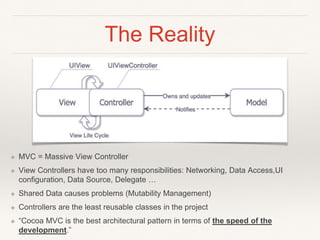 The Reality
❖ MVC = Massive View Controller
❖ View Controllers have too many responsibilities: Networking, Data Access,UI
configuration, Data Source, Delegate …
❖ Shared Data causes problems (Mutability Management)
❖ Controllers are the least reusable classes in the project
❖ “Cocoa MVC is the best architectural pattern in terms of the speed of the
development.”
 