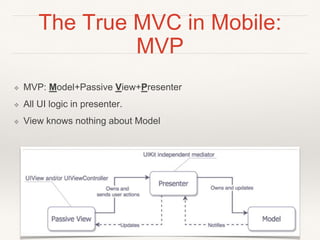 The True MVC in Mobile:
MVP
❖ MVP: Model+Passive View+Presenter
❖ All UI logic in presenter.
❖ View knows nothing about Model
 