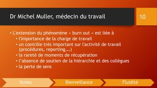 Dr Michel Muller, médecin du travail
• L'extension du phénomène « burn out » est liée à
• l'importance de la charge de travail
• un contrôle très important sur l'activité de travail
(procédures, reporting,…)
• la rareté de moments de récupération
• l’absence de soutien de la hiérarchie et des collègues
• la perte de sens
10
Stress Bienveillance Fluidité
 