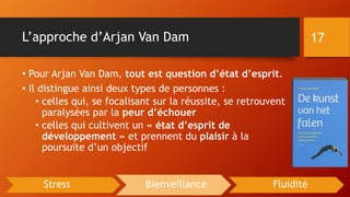 L’approche d’Arjan Van Dam
• Pour Arjan Van Dam, tout est question d’état d’esprit.
• Il distingue ainsi deux types de personnes :
• celles qui, se focalisant sur la réussite, se retrouvent
paralysées par la peur d’échouer
• celles qui cultivent un « état d’esprit de
développement » et prennent du plaisir à la
poursuite d’un objectif
17
Stress Bienveillance Fluidité
 
