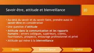 Savoir-être, attitude et bienveillance
• Au-delà du savoir et du savoir-faire, prendre aussi le
savoir-être en considération
• Une question d’attitude
• Attitude dans la communication et les rapports
humains : envers collègues, supérieurs, clients,
fournisseurs, prospects, entourage professionnel et privé
• Attitude qui mène à la bienveillance
20
Stress Bienveillance Fluidité
 