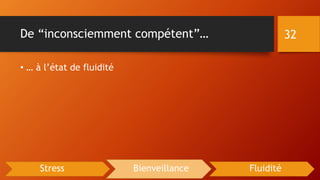 De “inconsciemment compétent”…
• … à l’état de fluidité
32
Stress Bienveillance Fluidité
 