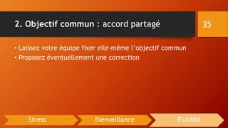2. Objectif commun : accord partagé
• Laissez votre équipe fixer elle-même l’objectif commun
• Proposez éventuellement une correction
35
Stress Bienveillance Fluidité
 
