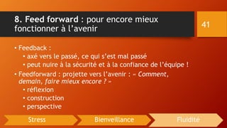 8. Feed forward : pour encore mieux
fonctionner à l’avenir
• Feedback :
• axé vers le passé, ce qui s’est mal passé
• peut nuire à la sécurité et à la confiance de l’équipe !
• Feedforward : projette vers l’avenir : « Comment,
demain, faire mieux encore ? »
• réflexion
• construction
• perspective
41
Stress Bienveillance Fluidité
 