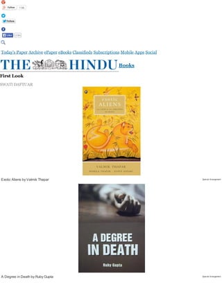 Special Arrangement
Special Arrangement
Follow 118k
Follow
Today's Paper Archive ePaper eBooks Classifieds Subscriptions Mobile Apps Social
Books
First Look
SWATI DAFTUAR
Exotic Aliens by Valmik Thapar
A Degree in Death by Ruby Gupta
2.9mLike
 