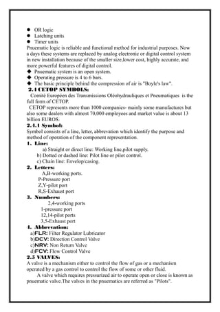  OR logic
 Latching units
 Timer units
Pnuematic logic is reliable and functional method for industrial purposes. Now
a days these systems are replaced by analog electronic or digital control system
in new installation because of the smaller size,lower cost, highly accurate, and
more powerful features of digital control.
 Pnuematic system is an open system.
 Operating pressure is 4 to 6 bars.
 The basic principle behind the compression of air is "Boyle's law".
2.4 CETOP SYMBOLS:
Comité Européen des Transmissions Oléohydrauliques et Pneumatiques is the
full form of CETOP.
CETOP represents more than 1000 companies- mainly some manufactures but
also some dealers with almost 70,000 employees and market value is about 13
billion EUROS.
2.4.1 Symbol:
Symbol consists of a line, letter, abbrevation which identify the purpose and
method of operation of the component representation.
1. Line:
a) Straight or direct line: Working line,pilot supply.
b) Dotted or dashed line: Pilot line or pilot control.
c) Chain line: Envelop/casing.
2. Letters:
A,B-working ports.
P-Pressure port
Z,Y-pilot port
R,S-Exhaust port
3. Numbers:
2,4-working ports
1-pressure port
12,14-pilot ports
3,5-Exhaust port
4. Abbrevation:
a)FLR: Filter Regulator Lubricator
b)DCV: Direction Control Valve
c)NRV: Non Return Valve
d)FCV: Flow Control Valve
2.5 VALVES:
A valve is a mechanism either to control the flow of gas or a mechanism
operated by a gas control to control the flow of some or other fluid.
A valve which requires pressurized air to operate open or close is known as
pnuematic valve.The valves in the pnuematics are referred as "Pilots".
 