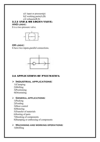 a)1 input or pressure(p)
b)2 working ports(A,B)
c)2 exhausts(R,S)
2.5.2 AND & OR LOGICS VALVE:
AND logic:
It is a two pressure valve.
OR logic:
It have two inputs,parallel connections.
2.6 APPLICATIONS OF PNEUMATICS:
 Industrial applications:
1)Clamping
2)Shifting
3)Positioning
4)Orientating
 General applications:
1)Packing
2)Feeding
3)Door control
4)Metering
5)Transfer of materials
6)Sorting of parts
7)Stocking of components
8)Stamping or embossing of components
 Machining and working operations:
1)Drillling
 