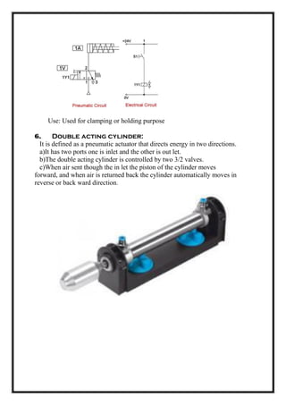 Use: Used for clamping or holding purpose
6. Double acting cylinder:
It is defined as a pneumatic actuator that directs energy in two directions.
a)It has two ports one is inlet and the other is out let.
b)The double acting cylinder is controlled by two 3/2 valves.
c)When air sent though the in let the piston of the cylinder moves
forward, and when air is returned back the cylinder automatically moves in
reverse or back ward direction.
 