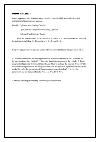 PROCEDURE :-
In this process we take 3 double acting cylinders (named A,B,C ) control valves and
connecting tubes as many as required.
Consider Cylinder A as Feeding Cylinder
Cylinder B as Temperature measuring Cylinder
Cylinder C as Ejecting cylinder
Here the forward stroke of the cylinder A is called as A+ and the backward stroke of
the cylinder is called A-. In this similar way B+,B- and C+,C-.
Here two optical sensors are used namely Optical sensor 1(S1) and Optical sensor 2(S2).
At first the components whose temperature has be measured has to be fed , this done by
forward stroke of the cylinder(A+) then after feeding the component the cylinder A has to
undergo the backward stroke(A-),then cylinder B has to undergo the forward stroke (B+) to
measure the temperature of the component and after the operation it performs the backward
stroke(B-). After B-, the cylinder C has to undergo forward stroke(C+) to eject the
component and the backward stroke (C-). i.e, A+A-B+B -C+C-.
All the actions are performed by connecting the components.
 