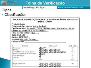 Folha de Verificação
              Metodologia Seis Sigma   Ferramentas da Qualidade
Tipos
 Classificação.
 