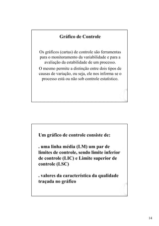 Gráfico de Controle


Os gráficos (cartas) de controle são ferramentas
 para o monitoramento da variabilidade e para a
   avaliação da estabilidade de um processo.
O mesmo permite a distinção entre dois tipos de
causas de variação, ou seja, ele nos informa se o
  processo está ou não sob controle estatístico.




Um gráfico de controle consiste de:

. uma linha média (LM) um par de
limites de controle, sendo limite inferior
de controle (LIC) e Limite superior de
controle (LSC)

. valores da característica da qualidade
traçada no gráfico




                                                    14
 