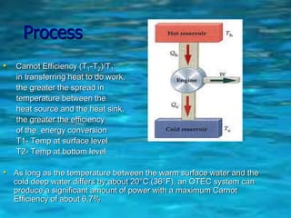 Process
• Carnot Efficiency (T1-T2)/T1:
in transferring heat to do work,
the greater the spread in
temperature between the
heat source and the heat sink,
the greater the efficiency
of the energy conversion
T1- Temp at surface level
T2- Temp at bottom level
• As long as the temperature between the warm surface water and the
cold deep water differs by about 20°C (36°F), an OTEC system can
produce a significant amount of power with a maximum Carnot
Efficiency of about 6.7%
 