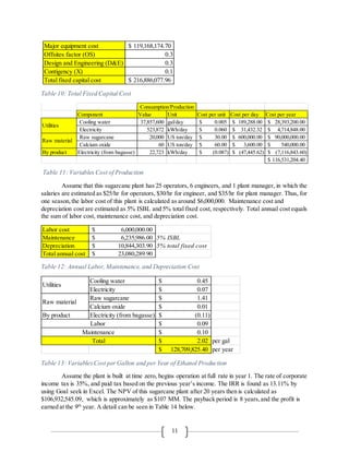 11
Table 10: Total Fixed Capital Cost
Table 11: Variables Cost of Production
Assume that this sugarcane plant has 25 operators, 6 engineers, and 1 plant manager, in which the
salaries are estimated as $25/hr for operators, $30/hr for engineer, and $35/hr for plant manager. Thus, for
one season,the labor cost of this plant is calculated as around $6,000,000. Maintenance cost and
depreciation cost are estimated as 5% ISBL and 5% total fixed cost, respectively. Total annual cost equals
the sum of labor cost, maintenance cost, and depreciation cost.
Table 12: Annual Labor, Maintenance, and Depreciation Cost
Table 13: VariablesCost per Gallon and per Year of Ethanol Production
Assume the plant is built at time zero, begins operation at full rate in year 1. The rate of corporate
income tax is 35%, and paid tax based on the previous year’s income. The IRR is found as 13.11% by
using Goal seek in Excel. The NPV of this sugarcane plant after 20 years then is calculated as
$106,932,545.09, which is approximately as $107 MM. The payback period is 8 years,and the profit is
earned at the 9th
year. A detail can be seen in Table 14 below.
Major equipment cost 119,168,174.70$
Offsites factor (OS) 0.3
Design and Engineering (D&E) 0.3
Contigency (X) 0.1
Total fixed capital cost 216,886,077.96$
Component Value Unit Cost per unit Cost per day Cost per year
Cooling water 37,857,600 gal/day 0.005$ 189,288.00$ 28,393,200.00$
Electricity 523,872 kWh/day 0.060$ 31,432.32$ 4,714,848.00$
Raw sugarcane 20,000 US ton/day 30.00$ 600,000.00$ 90,000,000.00$
Calcium oxide 60 US ton/day 60.00$ 3,600.00$ 540,000.00$
By product Electricity (from bagasse) 22,723 kWh/day (0.087)$ (47,445.62)$ (7,116,843.60)$
116,531,204.40$
Utilities
Raw material
Consumption/Production
Labor cost 6,000,000.00$
Maintenance 6,235,986.00$ 5% ISBL
Depreciation 10,844,303.90$ 5% total fixed cost
Total annual cost 23,080,289.90$
Cooling water 0.45$
Electricity 0.07$
Raw sugarcane 1.41$
Calcium oxide 0.01$
By product Electricity (from bagasse) (0.11)$
0.09$
0.10$
2.02$ per gal
128,709,825.40$ per year
Maintenance
Utilities
Raw material
Total
Labor
 