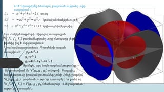 4.18 Դիտարկենք հետեւյալ բազմաձեւությունը ,որը
ստացվում է
f1 = x2+y2+z2-2; գունդ
f2 = -x2+y2-z2; կոնական մակերեւույթ է,
f3 = x2-y2-z2-1/4; երկխոռոչ հիպերբոլոիդ,
Այս մակերեւույթների միջոցով առաջացած
V( 𝑓1, 𝑓2 , 𝑓3) բազմաձեւթյունը ,որը դեռ պարզ չէ թե
իրենից ինչ է ներկայացնում:
Սրա համապատասխան Գրյոբների բազան
ստացվում է 𝑔1=8z2+1
𝑔2=y2-1
𝑔3=4x2-4y2-4z2-1
Այսինքն, այդ նույն բազմաձեւությունը
նկարագրվում են V(𝑔1,𝑔2, 𝑔3) տեսքով: Բազայի 𝑔1
հավասարումը իրական լուծումներ չունի , ինչի շնորհիվ
V(𝑔1,𝑔2, 𝑔3) բազմաձեւությունը դատարկ է եւ քանի որ
V( 𝑓1, 𝑓2 , 𝑓3) = V(𝑔1,𝑔2, 𝑔3) հետեւաբար 4.18 բազմաձեւ -
ությունը դատարկ է:
 