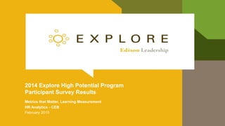 2014 Explore High Potential Program
Participant Survey Results
Metrics that Matter, Learning Measurement
HR Analytics - CEB
February 2015
 