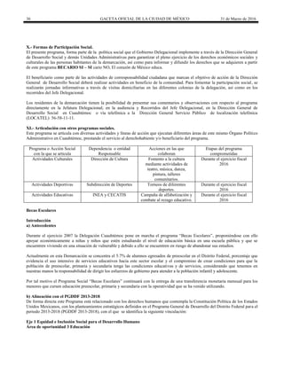 36 GACETA OFICIAL DE LA CIUDAD DE MÉXICO 31 de Marzo de 2016
X.- Formas de Participación Social.
El presente programa, forma parte de la política social que el Gobierno Delegacional implemente a través de la Dirección General
de Desarrollo Social y demás Unidades Administrativas para garantizar el pleno ejercicio de los derechos económicos sociales y
culturales de las personas habitantes de la demarcación, así como para informar y difundir los derechos que se adquieren a partir
de este programa BECARIO SI – SI cario NO, El corazón de México educa.
El beneficiario como parte de las actividades de corresponsabilidad ciudadana que marcan el objetivo de acción de la Dirección
General de Desarrollo Social deberá realizar actividades en beneficio de la comunidad. Para fomentar la participación social, se
realizarán jornadas informativas a través de visitas domiciliarias en las diferentes colonias de la delegación, así como en los
recorridos del Jefe Delegacional.
Los residentes de la demarcación tienen la posibilidad de presentar sus comentarios y observaciones con respecto al programa
directamente en la Jefatura Delegacional; en la audiencia y Recorridos del Jefe Delegacional, en la Dirección General de
Desarrollo Social en Cuauhtémoc o vía telefónica a la Dirección General Servicio Público de localización telefónica
(LOCATEL) 56-58-11-11.
XI.- Articulación con otros programas sociales.
Este programa se articula con diversas actividades y líneas de acción que ejecutan diferentes áreas de este mismo Órgano Político
Administrativo en Cuauhtémoc, prestando el servicio al derechohabiente y/o beneficiario del programa.
Programa o Acción Social
con la que se articula
Dependencia o entidad
Responsable
Acciones en las que
colaboran
Etapas del programa
comprometidas
Actividades Culturales Dirección de Cultura Fomento a la cultura
mediante actividades de
teatro, música, danza,
pintura, talleres
comunitarios.
Durante el ejercicio fiscal
2016
Actividades Deportivas Subdirección de Deportes Torneos de diferentes
deportes.
Durante el ejercicio fiscal
2016
Actividades Educativas INEA y CECATIS Campaña de alfabetización y
combate al rezago educativo.
Durante el ejercicio fiscal
2016
Becas Escolares
Introducción
a) Antecedentes
Durante el ejercicio 2007 la Delegación Cuauhtémoc pone en marcha el programa “Becas Escolares”, proponiéndose con ello
apoyar económicamente a niñas y niños que estén estudiando el nivel de educación básica en una escuela pública y que se
encuentren viviendo en una situación de vulnerable y debido a ello se encuentren en riesgo de abandonar sus estudios.
Actualmente en esta Demarcación se concentra el 5.7% de alumnos egresados de preescolar en el Distrito Federal, porcentaje que
evidencia el uso intensivo de servicios educativos hacia este sector escolar y el compromiso de crear condiciones para que la
población de preescolar, primaria y secundaria tenga las condiciones educativas y de servicios, considerando que tenemos en
nuestras manos la responsabilidad de dirigir los esfuerzos de gobierno para atender a la población infantil y adolescente.
Por tal motivo el Programa Social “Becas Escolares” continuará con la entrega de una transferencia monetaria mensual para los
menores que cursen educación preescolar, primaria y secundaria con la operatividad que se ha venido utilizando.
b) Alineación con el PGDDF 2013-2018
De forma directa este Programa está relacionado con los derechos humanos que contempla la Constitución Política de los Estados
Unidos Mexicanos, con los planteamientos estratégicos definidos en el Programa General de Desarrollo del Distrito Federal para el
periodo 2013-2018 (PGDDF 2013-2018), con el que se identifica la siguiente vinculación:
Eje 1 Equidad e Inclusión Social para el Desarrollo Humano
Área de oportunidad 3 Educación
 