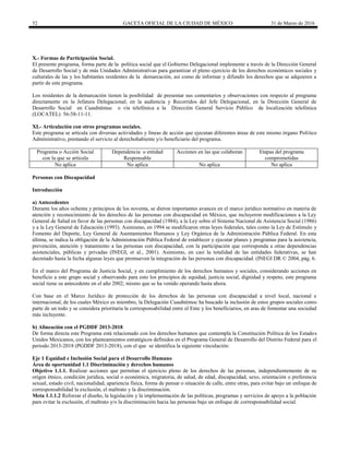 52 GACETA OFICIAL DE LA CIUDAD DE MÉXICO 31 de Marzo de 2016
X.- Formas de Participación Social.
El presente programa, forma parte de la política social que el Gobierno Delegacional implemente a través de la Dirección General
de Desarrollo Social y de más Unidades Administrativas para garantizar el pleno ejercicio de los derechos económicos sociales y
culturales de las y los habitantes residentes de la demarcación, así como de informar y difundir los derechos que se adquieren a
partir de este programa.
Los residentes de la demarcación tienen la posibilidad de presentar sus comentarios y observaciones con respecto al programa
directamente en la Jefatura Delegacional; en la audiencia y Recorridos del Jefe Delegacional, en la Dirección General de
Desarrollo Social en Cuauhtémoc o vía telefónica a la Dirección General Servicio Público de localización telefónica
(LOCATEL) 56-58-11-11.
XI.- Articulación con otros programas sociales.
Este programa se articula con diversas actividades y líneas de acción que ejecutan diferentes áreas de este mismo órgano Político
Administrativo, prestando el servicio al derechohabiente y/o beneficiario del programa.
Programa o Acción Social
con la que se articula
Dependencia o entidad
Responsable
Acciones en las que colaboran Etapas del programa
comprometidas
No aplica No aplica No aplica No aplica
Personas con Discapacidad
Introducción
a) Antecedentes
Durante los años ochenta y principios de los noventa, se dieron importantes avances en el marco jurídico normativo en materia de
atención y reconocimiento de los derechos de las personas con discapacidad en México, que incluyeron modificaciones a la Ley
General de Salud en favor de las personas con discapacidad (1984), a la Ley sobre el Sistema Nacional de Asistencia Social (1986)
y a la Ley General de Educación (1993). Asimismo, en 1994 se modificaron otras leyes federales, tales como la Ley de Estímulo y
Fomento del Deporte, Ley General de Asentamientos Humanos y Ley Orgánica de la Administración Pública Federal. En esta
última, se indica la obligación de la Administración Pública Federal de establecer y ejecutar planes y programas para la asistencia,
prevención, atención y tratamiento a las personas con discapacidad, con la participación que corresponda a otras dependencias
asistenciales, públicas y privadas (INEGI, et al., 2001). Asimismo, en casi la totalidad de las entidades federativas, se han
decretado hasta la fecha algunas leyes que promueven la integración de las personas con discapacidad. (INEGI DR © 2004, pág. 6.
En el marco del Programa de Justicia Social, y en cumplimiento de los derechos humanos y sociales, considerando acciones en
beneficio a este grupo social y observando para esto los principios de equidad, justicia social, dignidad y respeto, este programa
social tiene su antecedente en el año 2002; mismo que se ha venido operando hasta ahora.
Con base en el Marco Jurídico de protección de los derechos de las personas con discapacidad a nivel local, nacional e
internacional, de los cuales México es miembro, la Delegación Cuauhtémoc ha buscado la inclusión de estos grupos sociales como
parte de un todo y se considera prioritaria la corresponsabilidad entre el Ente y los beneficiarios, en aras de fomentar una sociedad
más incluyente.
b) Alineación con el PGDDF 2013-2018
De forma directa este Programa está relacionado con los derechos humanos que contempla la Constitución Política de los Estados
Unidos Mexicanos, con los planteamientos estratégicos definidos en el Programa General de Desarrollo del Distrito Federal para el
periodo 2013-2018 (PGDDF 2013-2018), con el que se identifica la siguiente vinculación:
Eje 1 Equidad e Inclusión Social para el Desarrollo Humano
Área de oportunidad 1.1 Discriminación y derechos humanos
Objetivo 1.1.1. Realizar acciones que permitan el ejercicio pleno de los derechos de las personas, independientemente de su
origen étnico, condición jurídica, social o económica, migratoria, de salud, de edad, discapacidad, sexo, orientación o preferencia
sexual, estado civil, nacionalidad, apariencia física, forma de pensar o situación de calle, entre otras, para evitar bajo un enfoque de
corresponsabilidad la exclusión, el maltrato y la discriminación.
Meta 1.1.1.2 Reforzar el diseño, la legislación y la implementación de las políticas, programas y servicios de apoyo a la población
para evitar la exclusión, el maltrato y/o la discriminación hacia las personas bajo un enfoque de corresponsabilidad social.
 