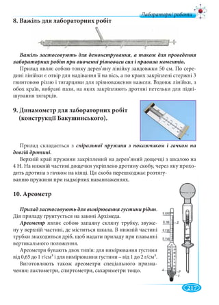 217
Лабораторні роботи
8. Важіль для лабораторних робіт
Прилад являє собою тонку дерев’яну лінійку завдовжки 50 см. По сере-
дині лінійки є отвір для надівання її на вісь, а по краях закріплені стержні 3
гвинтовою різзю і тягарцями для зрівноваження важеля. Вздовж лінійки, з
обох країв, вибрані пази, на яких закріпляють дротяні петельки для підві-
шування тягарців.
9. Динамометр для лабораторних робіт
(конструкції Бакушинського).
Прилад складається з
Верхній край пружини закріплений на дерев’яний дощечці з шкалою на
4 Н. На нижній частині дощечки укріплено дротяну скобу, через яку прохо-
дить дротина з гачком на кінці. Ця скоба перешкоджає розтягу-
ванню пружини при надмірних навантаженнях.
10. Ареометр
.
Дія приладу ґрунтується на законі Архімеда.
Ареометр являє собою запаяну скляну трубку, звуже-
ну у верхній частині, де міститься шкала. В нижній частині
трубки знаходиться дріб, щоб надати приладу при плаванні
вертикального положення.
Ареометри бувають двох типів: для вимірювання густини
від 0,65 до 1 г/см3 і для вимірювання густини – від 1 до 2 г/см3.
Виготовляють також ареометри спеціального призна-
чення: лактометри, спиртометри, сахариметри тощо.
 
