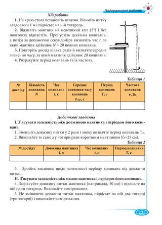 225
Лабораторні роботи
1. На краю стола встановіть штатив. Візьміть нитку
завдовжки 1 м і підвісьте на ній тягарець.
2. Відхиліть маятник на невеликий кут (5°) і без
поштовху відпустіть. Пропустіть декілька коливань,
а потім за допомогою секундоміра визначіть час t, за
який маятник здійснює N = 20 повних коливань.N
3. Повторіть дослід кілька разів й визначте середнє
значення часу, за який маятник здійснює 20 коливань.
4. Розрахуйте період коливань та їх частоту.
№
досліду
Кількість
коливань
N
Час
коливань
t, ctt
Cереднє
значення часу
коливань
tсерtt , с
Період
коливань
Т, сТТ
Частота
коливань
v, Гц
І. З’ясувати залежність між довжиною маятника і періодом його коли-
вань.
1. Зменшіть довжину нитки у 2 рази і знову визначте період коливань Т2.
2. Виконайте те саме з у чотири рази коротшим маятником (l3=25 см).
№ досліду Довжина маятника
l, м
Час коливань
t, сtt
Період коливань
Т, сТТ
3. Зробіть висновок щодо залежності періоду коливань від довжини
нитки.
ІІ. З’ясувати залежність між масою маятника і періодом його коливань.
4. Зафіксуйте довжину нитки маятника (наприклад, 50 см) і підвісьте на
ній один тягарець. Виконайте вимірювання.
5. Не змінюючи довжини нитки маятника, підвісьте на ній два тягарці
(три тягарці) і виконайте вимірювання.
 