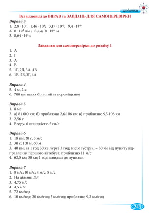243
д
Всі відповіді до ВПРАВ та ЗАВДАНЬ ДЛЯ САМОПЕРЕВІРКИ
Вправа 3
1. 2,8 . 103; 1,46 . 108; 3,47 . 10-2; 9,4 . 10-9
2. 8 . 102 мм ; 8 дм; 8 . 10-1 м
3. 8,64 . 104 с
Завдання для самоперевірки до розділу 1
1. А
2. Г
3. А
4. В
5. 1Г, 2Д, 3А, 4В
6. 1В, 2Б, 3Г, 4А
5. 4 м, 2 м
6. 700 км, шлях більший за переміщення
Вправа 5
1. 8 мс
2. а) 81 000 км; б) приблизно 2,6∙106 км; в) приблизно 9,5∙108 км
3. 2,56 с
4. Вгору, зі швидкістю 5 см/с
Вправа 6
1. 18 км; 20 с; 3 м/с
2. 30 с; 150 м; 60 м
3. 40 км; на 1 год 30 хв; через 3 год; місце зустрічі – 30 км від пункту від-
правлення першого автобуса; приблизно 11 м/с
4. 62,5 км; 30 хв; 1 год; швидше до зупинки
Вправа 7
1. 8 м/с; 10 м/с; 4 м/с; 8 м/с
2. На ділянці DF
3. 4,75 м/с
4. 4,5 м/с
5. 72 км/год
6. 10 км/год; 20 км/год; 5 км/год; приблизно 9,2 км/год
 