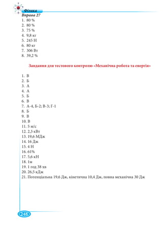 248
Вправа 27
1. 80 %
2. 80 %
3. 75 %
4. 9,8 кг
5. 245 Н
6. 80 кг
7. 306 Вт
8. 39,2 %
Завдання для тестового контролю «Механічна робота та енергія»
1. В
2. Б
3. А
4. А
5. Б
6. В
7. А-4, Б-2; В-3; Г-1
8. Б
9. В
10. В
11. 5 м/с
12. 2,3 кВт
13. 19,6 МДж
14. 16 Дж
15. 4 Н
16. 61%
17. 5,6 кН
18. 1м
19. 1 год 38 хв
20. 26,5 кДж
21. Потенціальна 19,6 Дж, кінетична 10,4 Дж, повна механічна 30 Дж
 