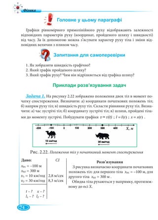 74
Графіки рівномірного прямолінійного руху відображають залежності
відповідних параметрів руху (координат, пройденого шляху і швидкості)
від часу. За їх допомогою можна з’ясувати характер руху тіла і зміни від-
повідних величин з плином часу.
1. Як зобразити швидкість графічно?
2. Який графік пройденого шляху?
3. Який графік руху? Чим він відрізняється від графіка шляху?
Задача 1. На рисунку 2.22 зображено положення двох тіл в момент по-
чатку спостереження. Визначити: а) координати початкових положень тіл;
б) напрям руху тіл; в) швидкість руху тіл. Скласти рівняння руху тіл. Визна-
чити: а) час зустрічі тіл; б) координату зустрічі тіл; в) шляхи, пройдені тіла-
ми до моменту зустрічі. Побудувати графіки v = v(t) ; ( )l l t= ; ( )x x t= .
Рис. 2.22. Положення тіл у початковий момент спостереження
Розв’язування
З рисунка визначаємо координати початкових
положень тіл: для першого тіла х01 = –100 м, для
другого тіла х02 = 300 м .
Обидва тіла рухаються у напрямку, протилеж-
ному до осі Х.
t – ? х – ?
l1 – ? l2 – ?
Дано: CI
х01 100 м
х02 300 м
υ1 = 2 8 м/сек10 км/год
υ2 = 8 3 /30 /
Х, м
 