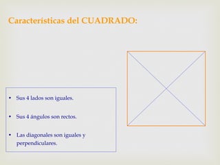 Características del CUADRADO:

•  Sus 4 lados son iguales.
•  Sus 4 ángulos son rectos.
•  Las diagonales son iguales y
perpendiculares.

 