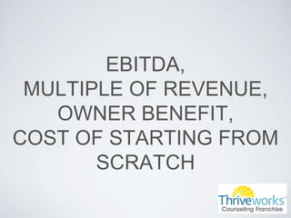 EBITDA,
MULTIPLE OF REVENUE,
OWNER BENEFIT,
COST OF STARTING FROM
SCRATCH
 
