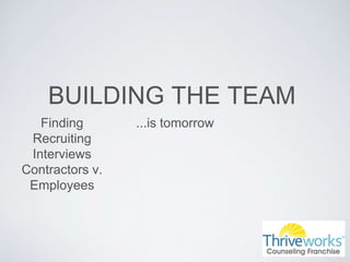 BUILDING THE TEAM
...is tomorrowFinding
Recruiting
Interviews
Contractors v.
Employees
 