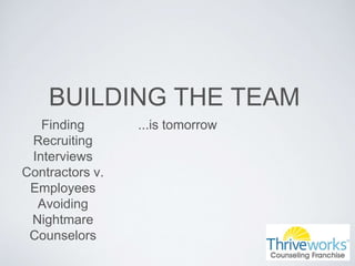BUILDING THE TEAM
...is tomorrowFinding
Recruiting
Interviews
Contractors v.
Employees
Avoiding
Nightmare
Counselors
 