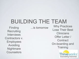 BUILDING THE TEAM
...is tomorrowFinding
Recruiting
Interviews
Contractors v.
Employees
Avoiding
Nightmare
Counselors
Why Practices
Lose Their Best
Clinicians
Offer Letter /
Contract
On-boarding and
Training
 