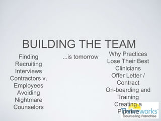 BUILDING THE TEAM
...is tomorrowFinding
Recruiting
Interviews
Contractors v.
Employees
Avoiding
Nightmare
Counselors
Why Practices
Lose Their Best
Clinicians
Offer Letter /
Contract
On-boarding and
Training
Creating a
Pipeline
 