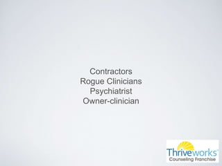 Contractors
Rogue Clinicians
Psychiatrist
Owner-clinician
 