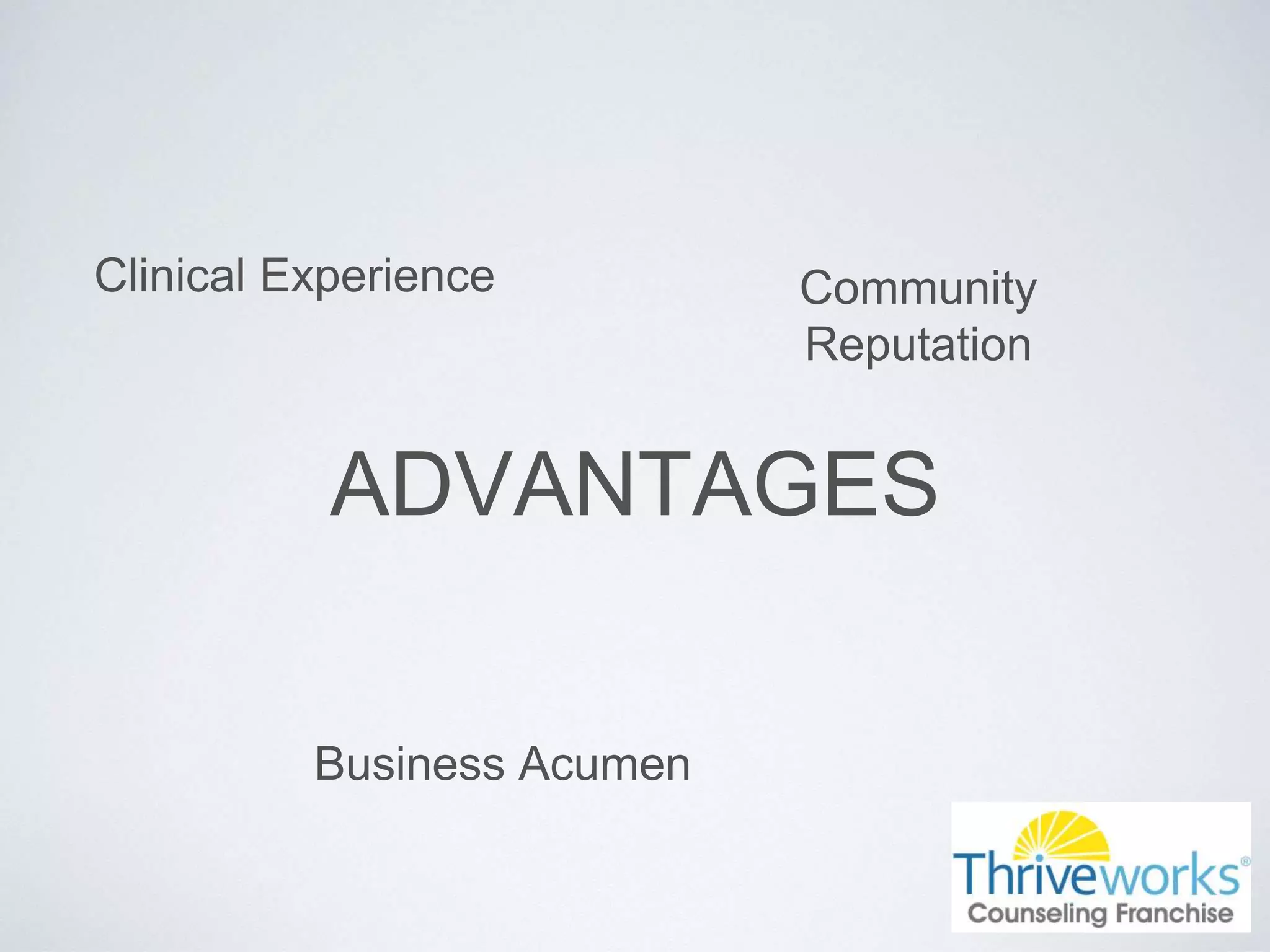 ADVANTAGES
Clinical Experience Community
Reputation
Business Acumen
 