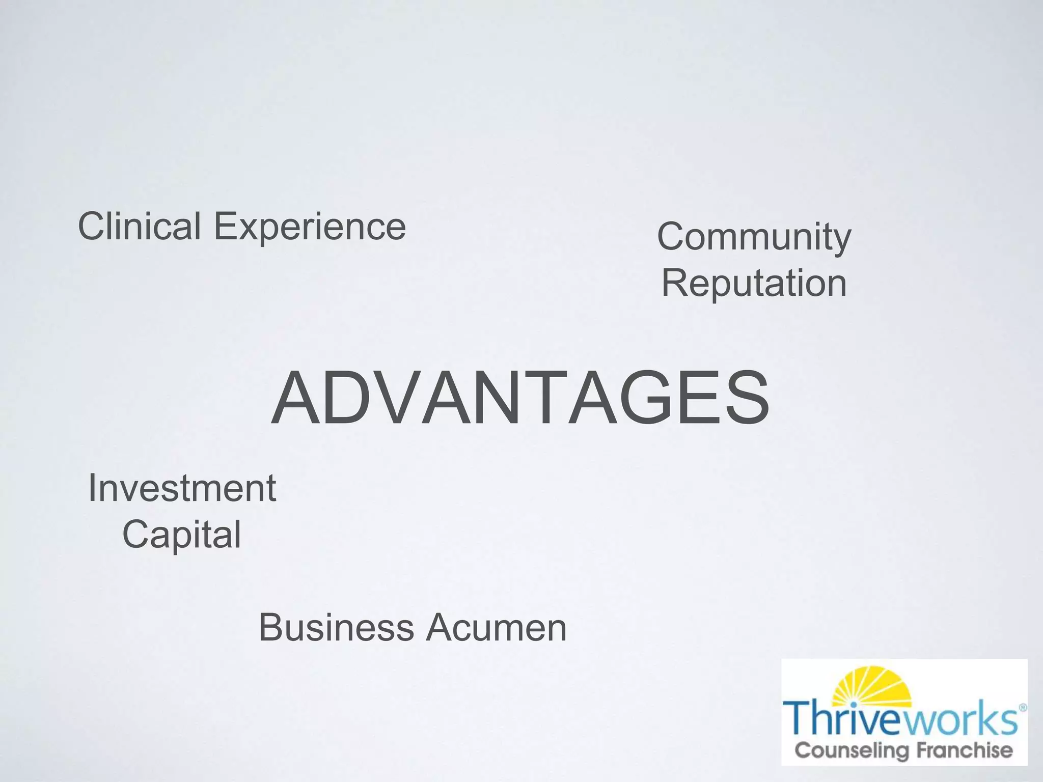 ADVANTAGES
Clinical Experience
Investment
Capital
Community
Reputation
Business Acumen
 
