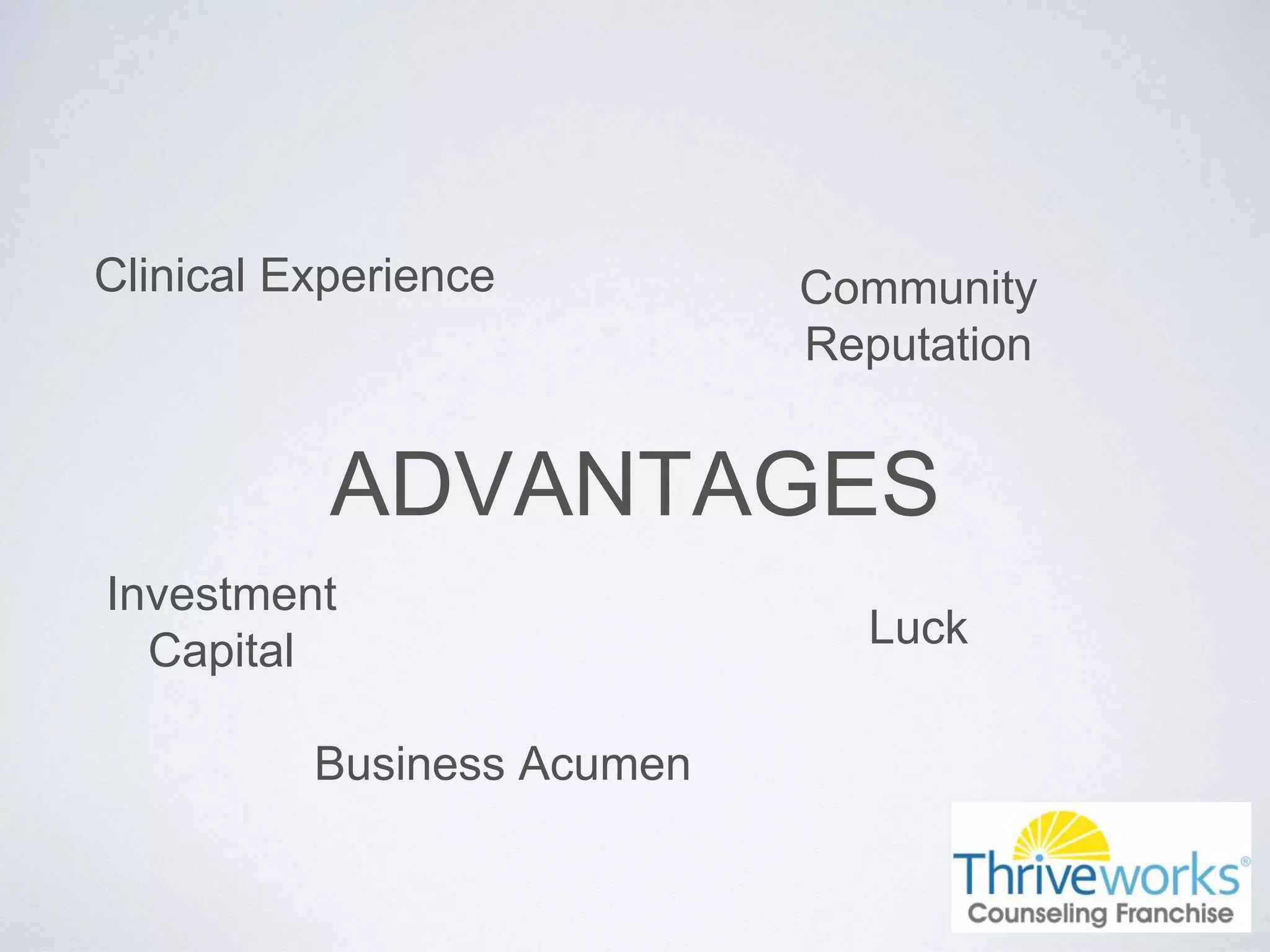 ADVANTAGES
Clinical Experience
Luck
Investment
Capital
Community
Reputation
Business Acumen
 