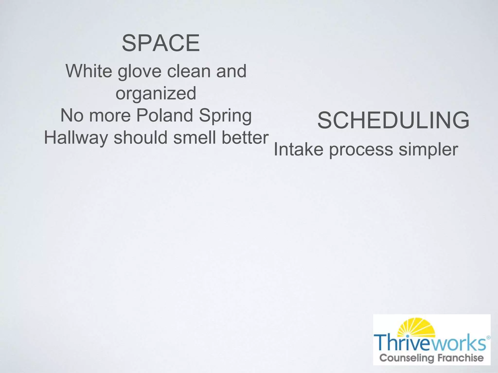 SPACE
White glove clean and
organized
No more Poland Spring
Hallway should smell better
SCHEDULING
Intake process simpler
 
