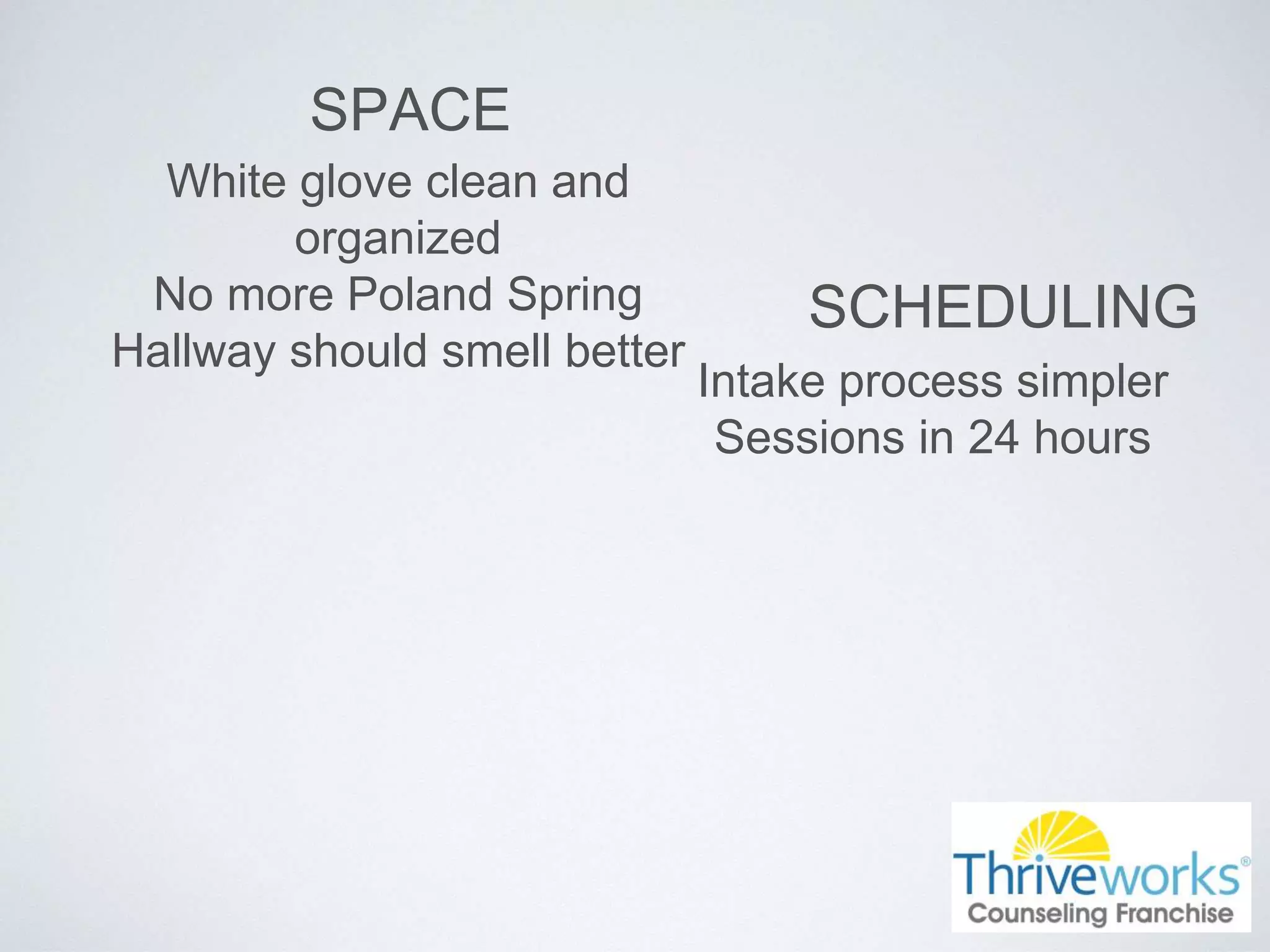 SPACE
White glove clean and
organized
No more Poland Spring
Hallway should smell better
SCHEDULING
Intake process simpler
Sessions in 24 hours
 