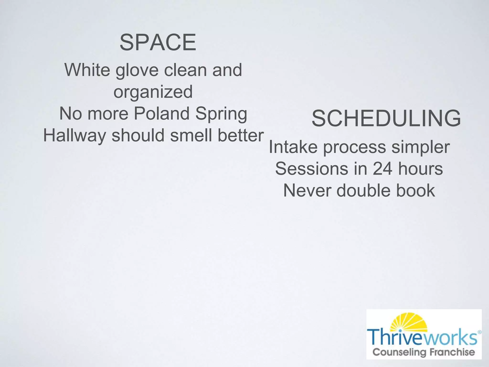 SPACE
White glove clean and
organized
No more Poland Spring
Hallway should smell better
SCHEDULING
Intake process simpler
Sessions in 24 hours
Never double book
 