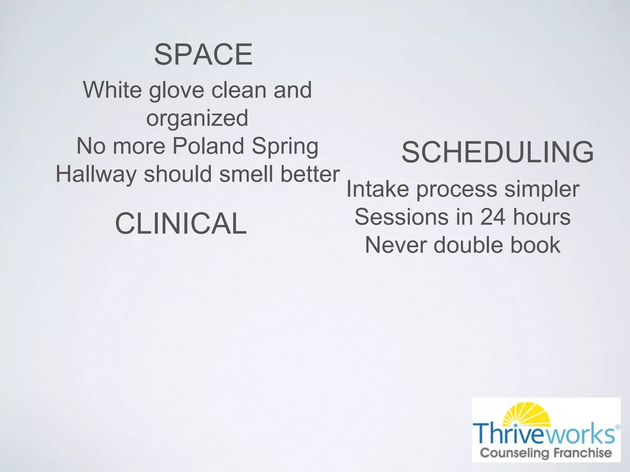 SPACE
White glove clean and
organized
No more Poland Spring
Hallway should smell better
SCHEDULING
Intake process simpler
Sessions in 24 hours
Never double book
CLINICAL
 