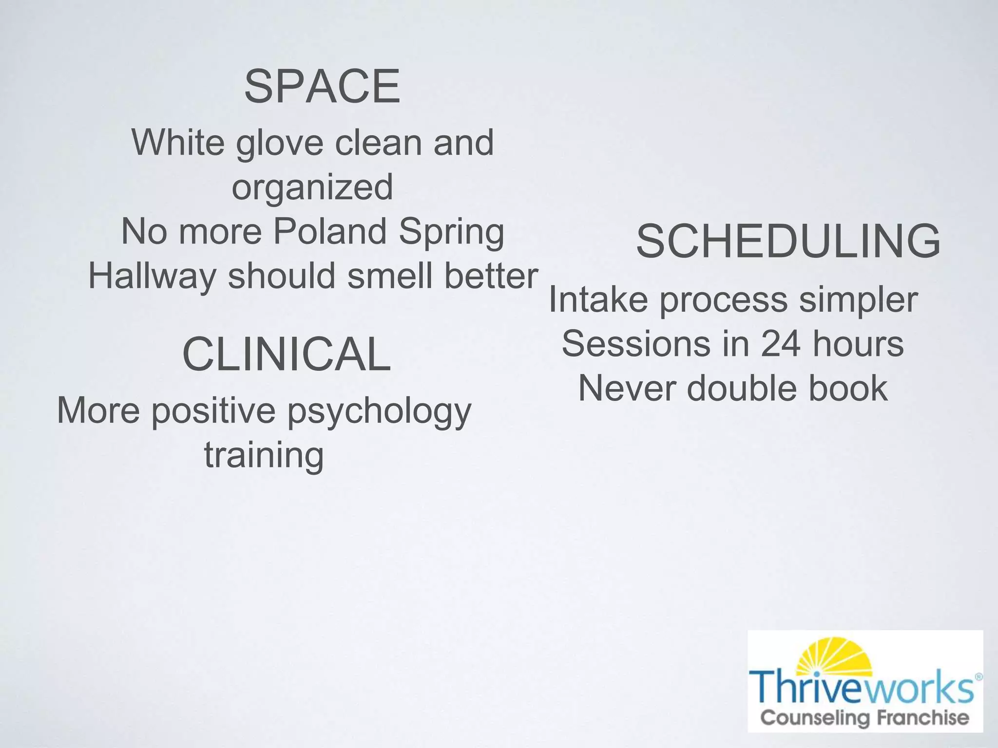 SPACE
White glove clean and
organized
No more Poland Spring
Hallway should smell better
SCHEDULING
Intake process simpler
Sessions in 24 hours
Never double book
CLINICAL
More positive psychology
training
 