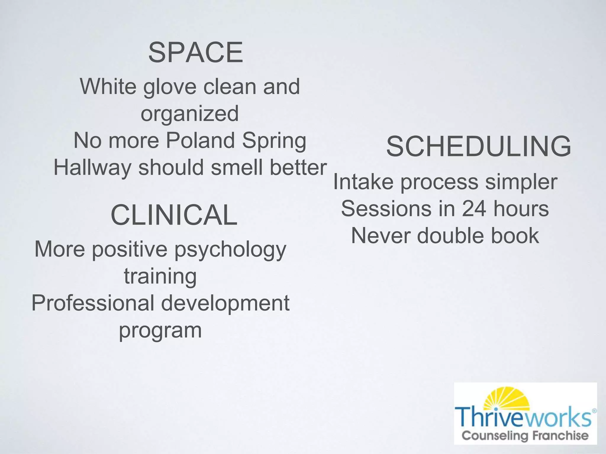 SPACE
White glove clean and
organized
No more Poland Spring
Hallway should smell better
SCHEDULING
Intake process simpler
Sessions in 24 hours
Never double book
CLINICAL
More positive psychology
training
Professional development
program
 